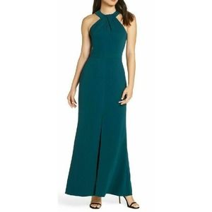Harlyn Halter Gown Forest Green Leg Slit Gown